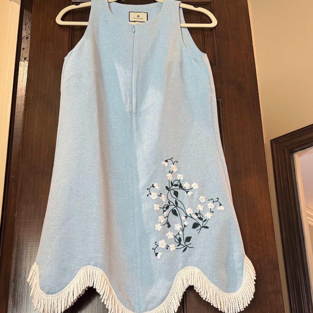 Tuckernuck Light Blue Dress with White Floral Embroidery and Fringe